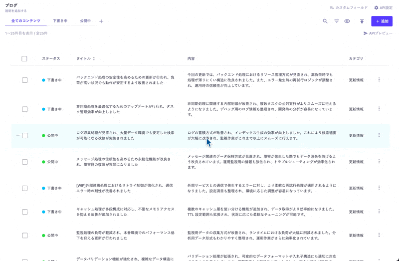 公開終了となったコンテンツのビューを追加する様子と、下書き中のビューを元にキーワードで絞り込んだ表示条件のビューを追加する様子