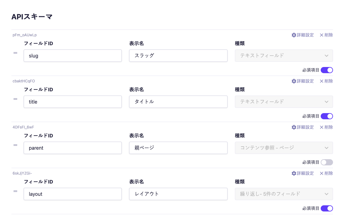 microCMSのAPIスキーマ設定画面。各フィールドにフィールドID（例: slug, title, parent, layout）、表示名（例: スラッグ、タイトル、親ページ、レイアウト）、および種類（例: テキストフィールド、コンテンツ参照）を設定している