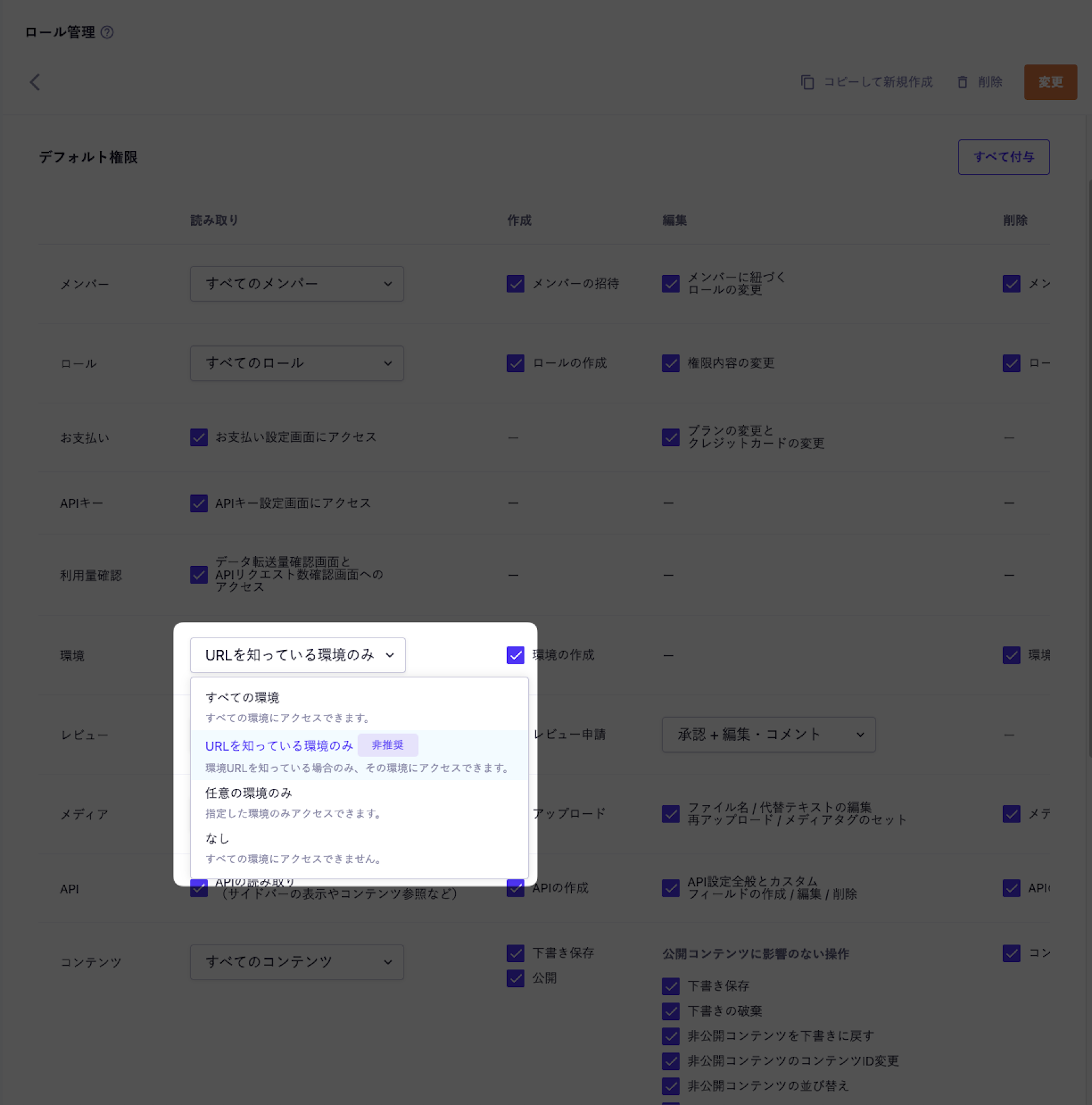 ロール管理画面の『環境』で、読み取り範囲を『すべての環境/URLを知っている環境のみ/任意の環境のみ/なし』から選択できるドロップダウン