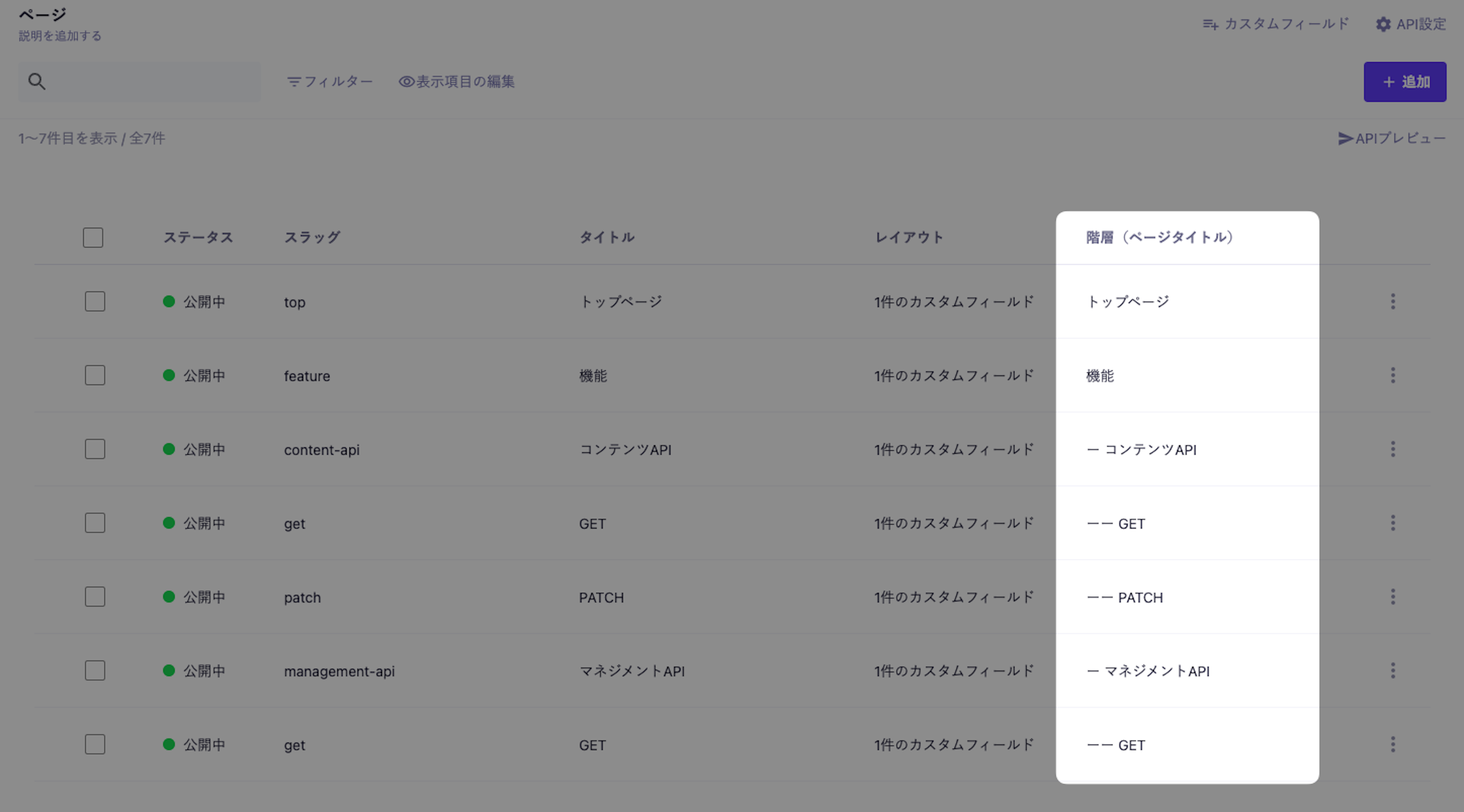 microCMSの一覧画面。階層（ページタイトル）の列において、接頭詞「ー」が使用され、ページの階層構造が視覚的に示されている。例えば、トップページには接頭詞がなく、次の階層として「機能」に1つの「ー」、その下の階層「コンテンツAPI」に2つの「ー」、さらにその下の「GET」や「PATCH」には3つの「ー」が付けられている。
