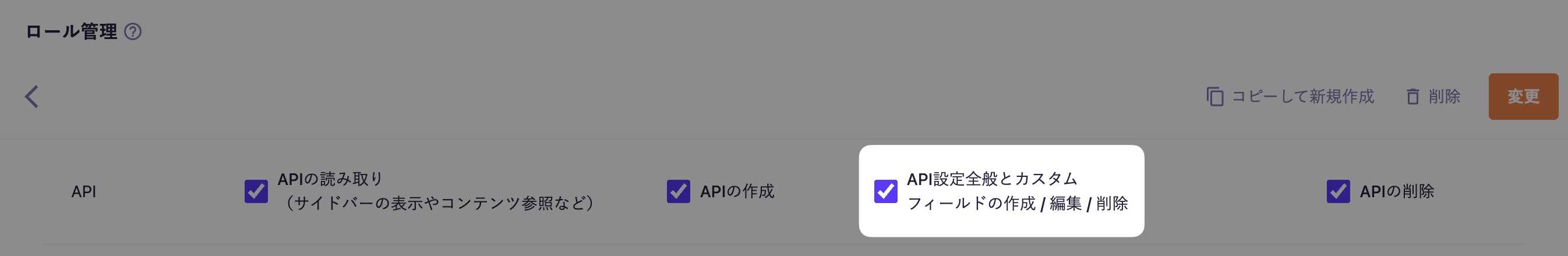 「API設定全般とカスタムフィールドの作成 / 編集 / 削除」権限