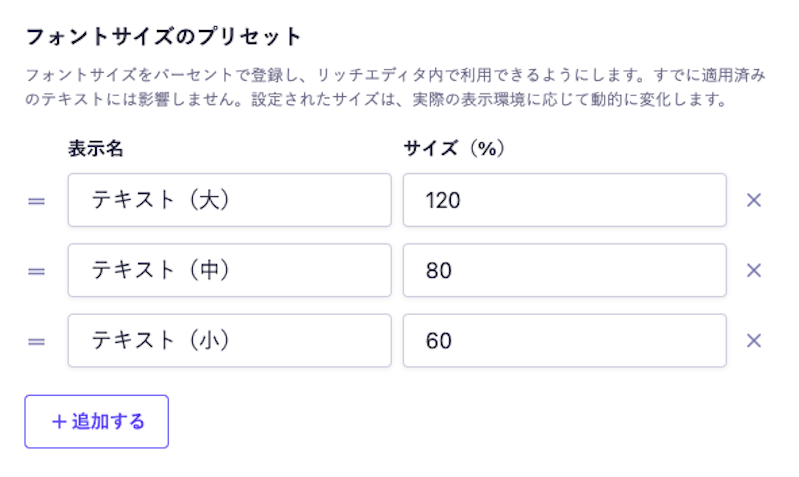 フォントサイズのプリセット「表示名・サイズ」を登録している。上から「テキスト(大)・120」「テキスト(中)・80」「テキスト(小)・60」と追加している画像