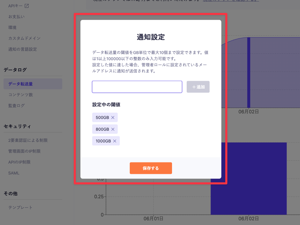 データ転送量の通知設定ダイアログ