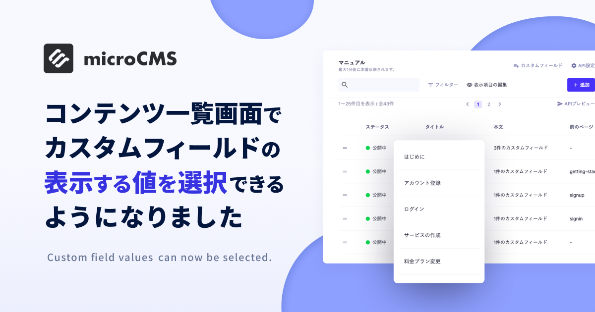 コンテンツ一覧画面でカスタムフィールドの表示する値を選択できるよう
