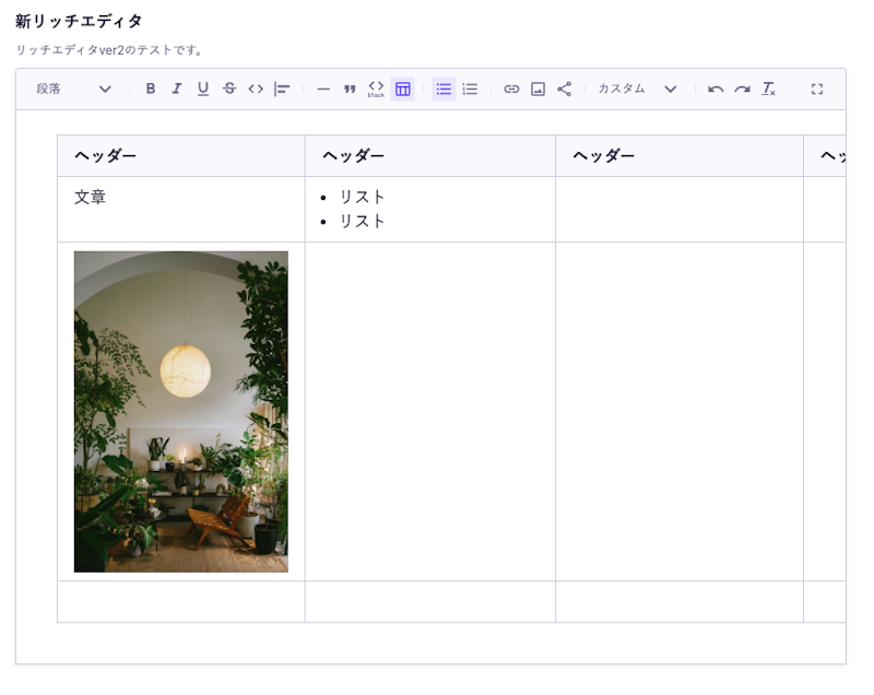 リッチエディタにテーブルが挿入されている画像