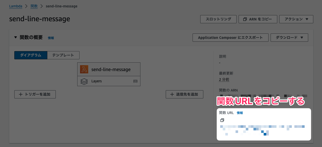AWSのマネジメントコンソール内のスクリーンショット。Lambdaの関数URLが表示されている箇所を強調している。