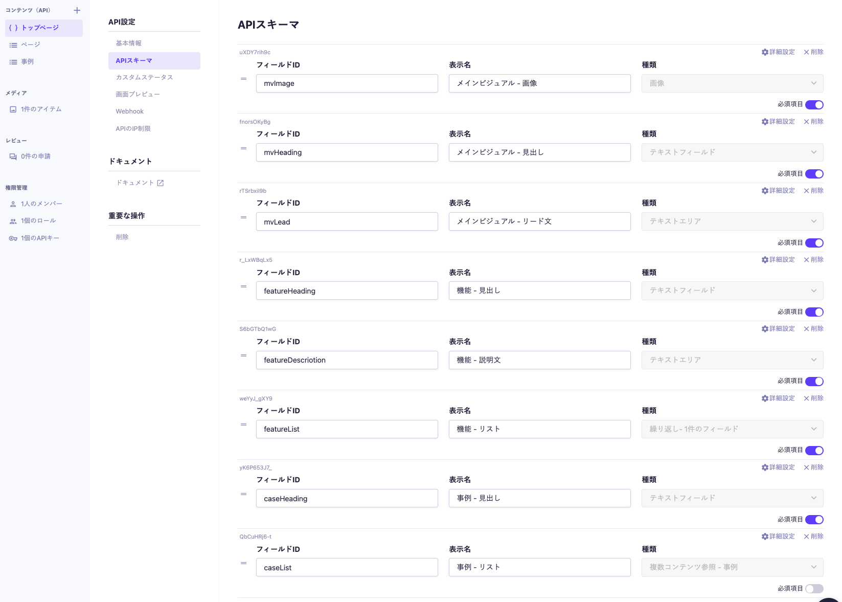 microCMSのAPIスキーマ設定画面。フィールドID、表示名、種類を設定する項目が並んでおり、具体的なフィールドとして'mvImage'（メインビジュアル・画像）、'mvHeading'（メインビジュアル・見出し）、'mvLead'（メインビジュアル・リード文）、'featureHeading'（機能・見出し）、'featureDescription'（機能・説明文）、'featureList'（機能・リスト）、'caseHeading'（事例・見出し）、'caseList'（事例・リスト）などが設定されている。すべての項目は必須項目がオンに設定されている。