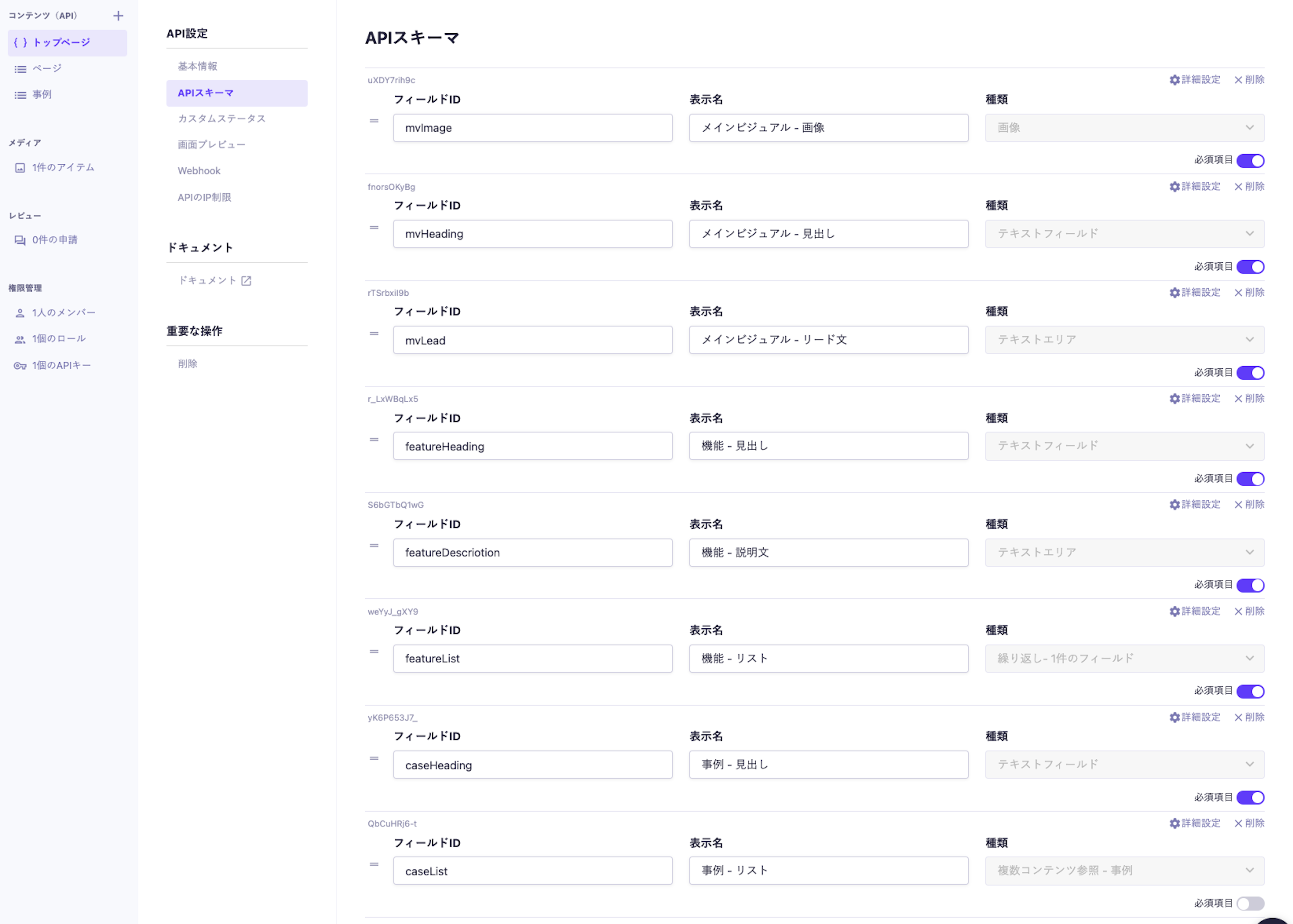 microCMSのAPIスキーマ設定画面。フィールドID、表示名、種類を設定する項目が並んでおり、具体的なフィールドとして'mvImage'（メインビジュアル・画像）、'mvHeading'（メインビジュアル・見出し）、'mvLead'（メインビジュアル・リード文）、'featureHeading'（機能・見出し）、'featureDescription'（機能・説明文）、'featureList'（機能・リスト）、'caseHeading'（事例・見出し）、'caseList'（事例・リスト）などが設定されている。すべての項目は必須項目がオンに設定されている。