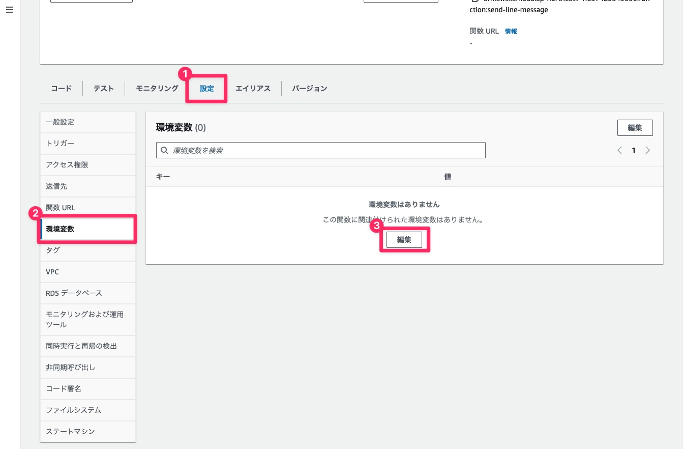 Lambda関数の環境変数を設定している。設定 > 環境変数 > 編集へと移動する。